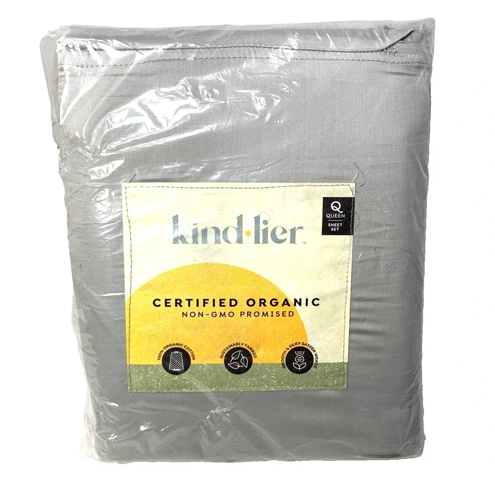 NEW -Kindlier Sheet Set Queen Gray 100% Organic Cotton Non GMO - 4 piece- In PKG
